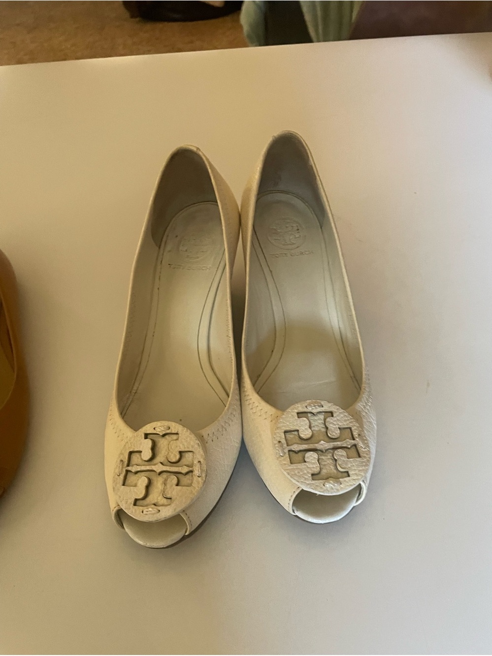 Tory Burch Sally Peep-Toe Wedge Pumps size 9 off- white or cream